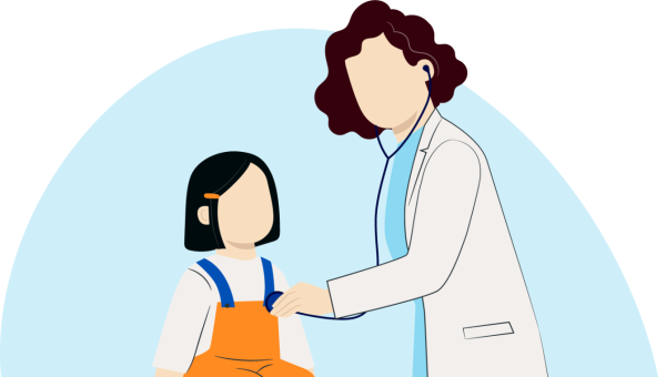 Ilustración de especialista realizando un chequeo médico a una paciente infantil.